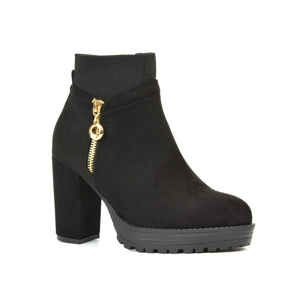 Caitlin Platform Block High Heel Zip Up Sock Ankle Boots in Black Faux Suede sold by XYlondon product image thumbnail 5
