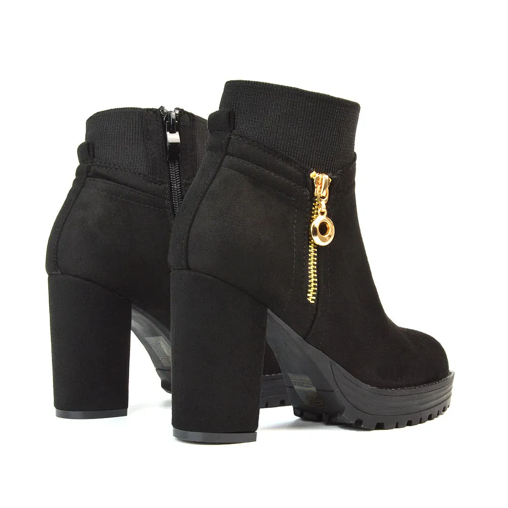Caitlin Platform Block High Heel Zip Up Sock Ankle Boots in Black Faux Suede sold by XYlondon product image thumbnail 2