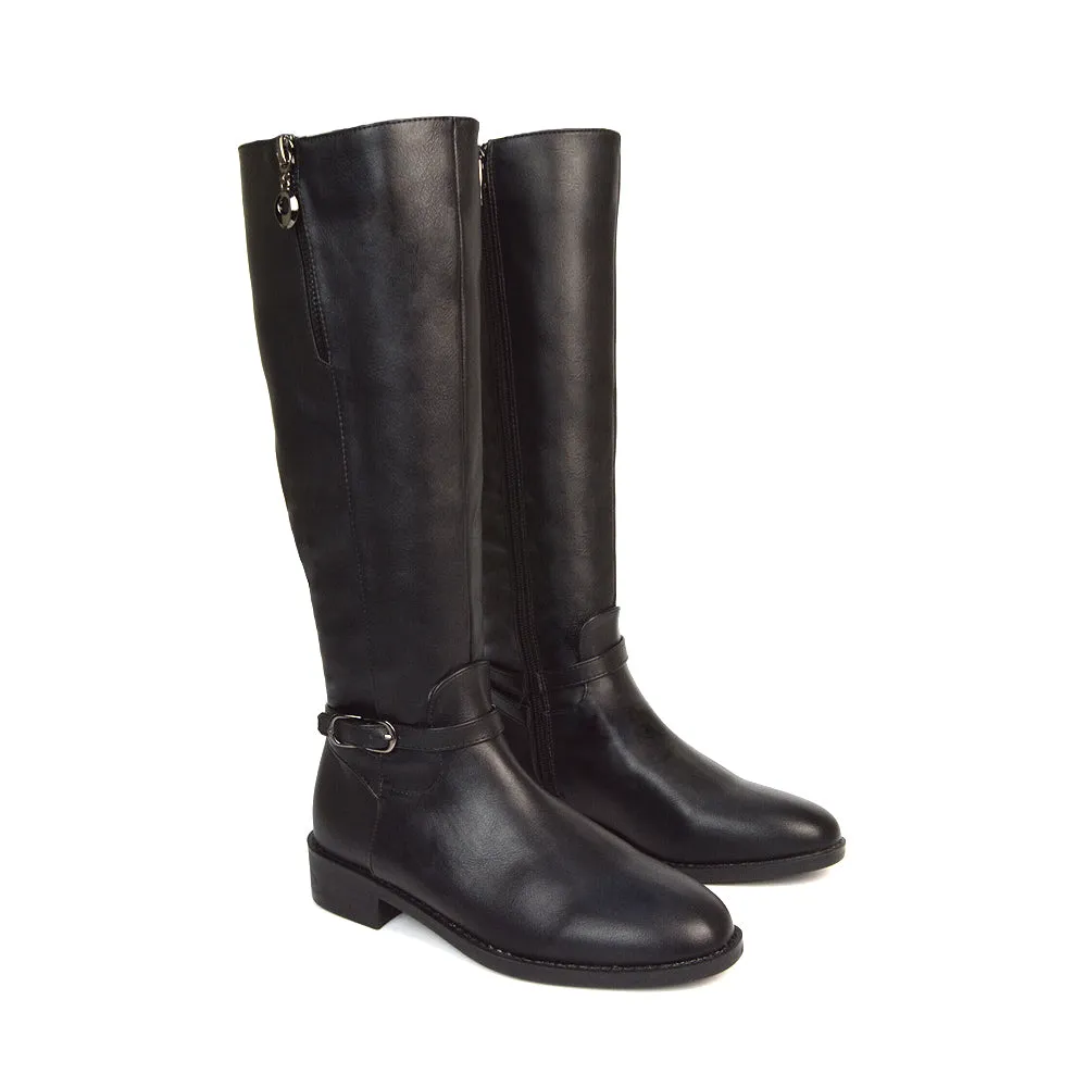Esme Flat Heel Knee High Winter Long Boots With Inside Zip in Black Synthetic Leather sold by XYlondon product image thumbnail 3