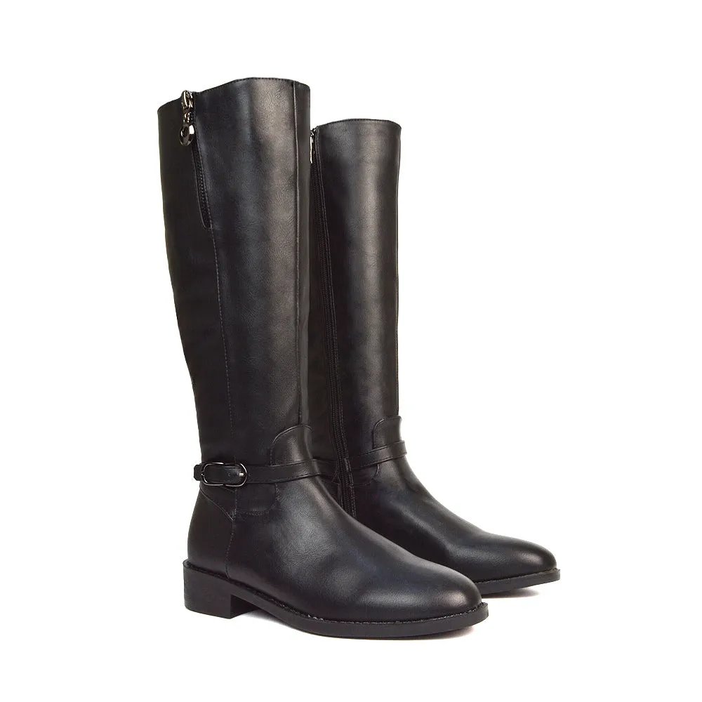 Esme Flat Heel Knee High Winter Long Boots With Inside Zip in Black Synthetic Leather sold by XYlondon