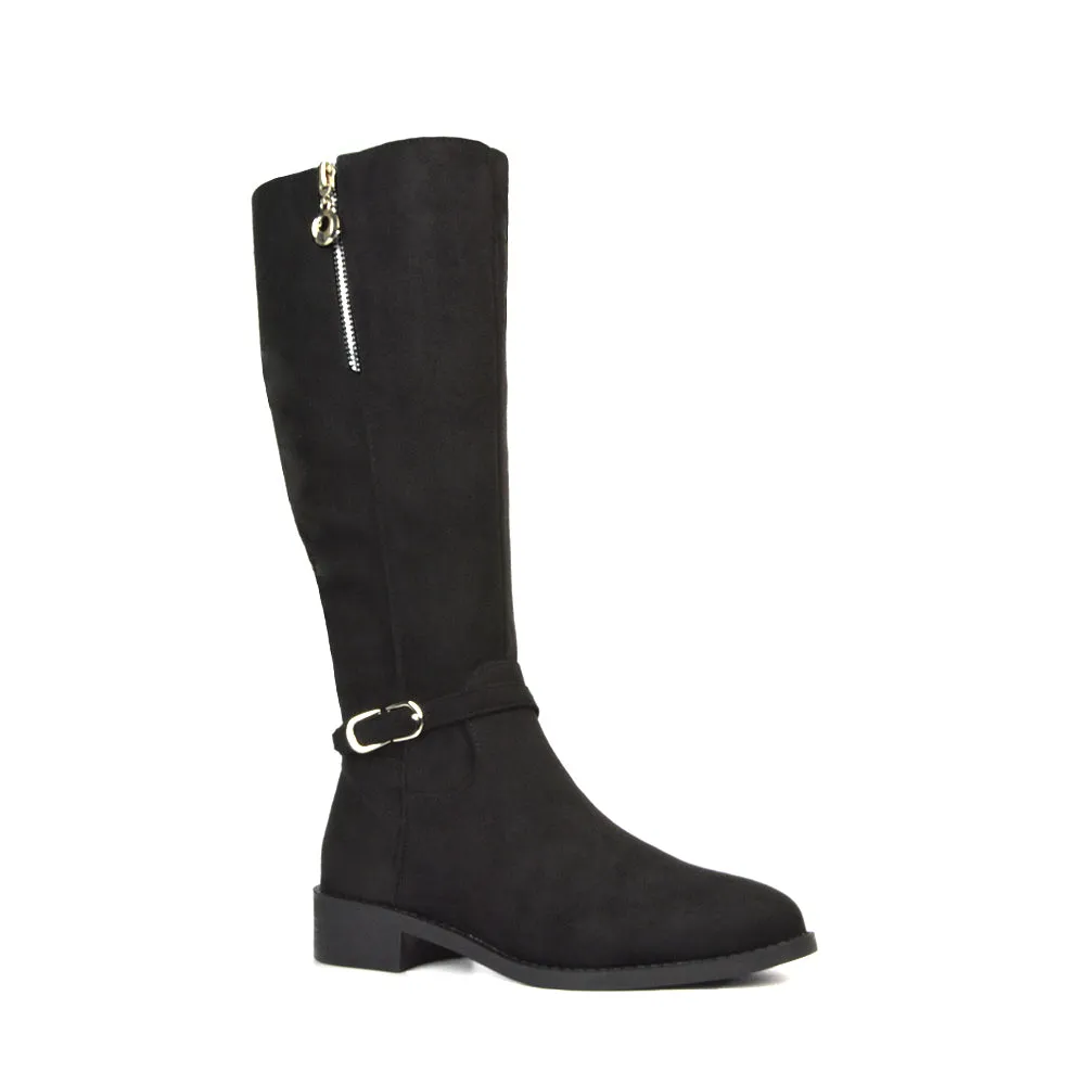 Esme Flat Heel Knee High Winter Long Boots With Inside Zip in Black Faux Suede sold by XYlondon product image thumbnail 5