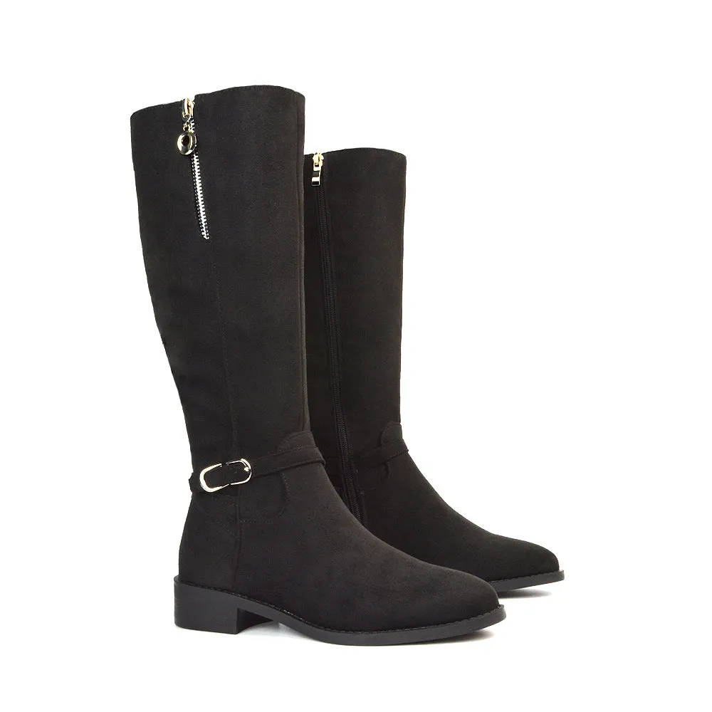 Esme Flat Heel Knee High Winter Long Boots With Inside Zip in Black Faux Suede sold by XYlondon