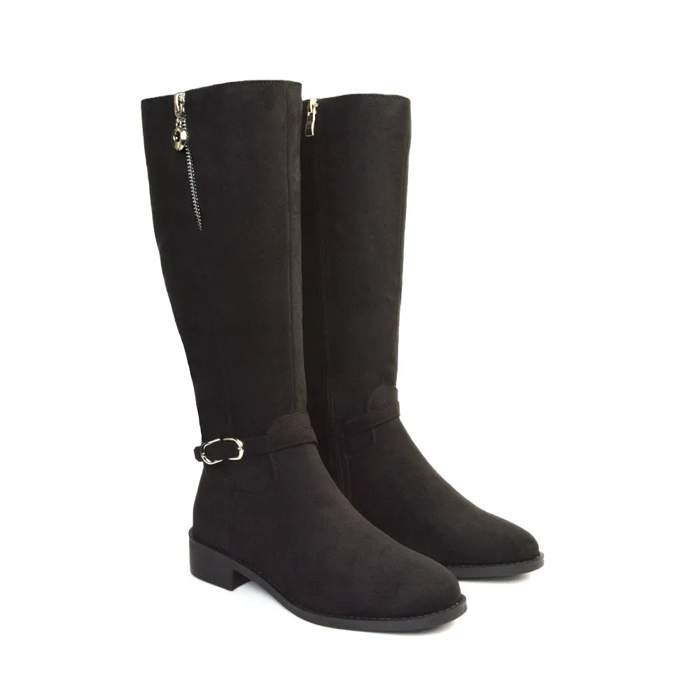 Esme Flat Heel Knee High Winter Long Boots With Inside Zip in Black Faux Suede sold by XYlondon product image thumbnail 3