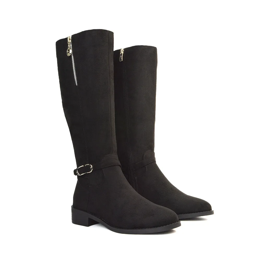 Esme Flat Heel Knee High Winter Long Boots With Inside Zip in Black Faux Suede sold by XYlondon product image thumbnail 4