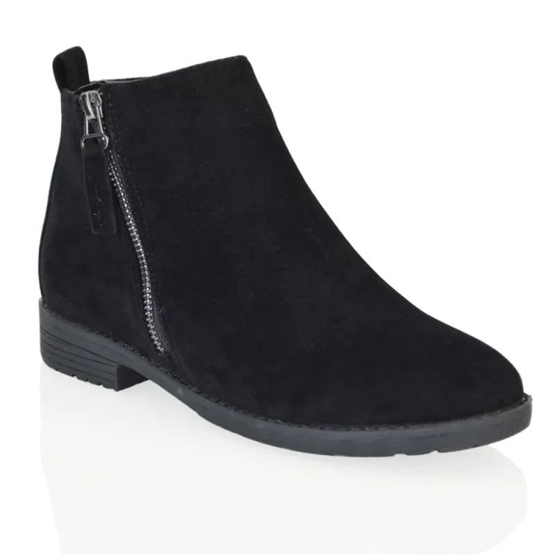 NICOLA LOW BLOCK HEEL ZIP UP DETAIL FLAT ANKLE BOOTS IN BLACK FAUX SUEDE sold by XYlondon