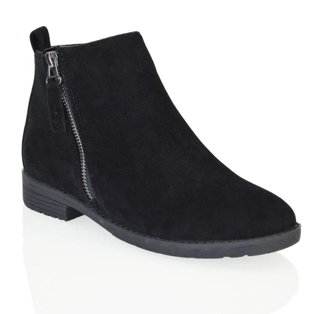NICOLA LOW BLOCK HEEL ZIP UP DETAIL FLAT ANKLE BOOTS IN BLACK FAUX SUEDE sold by XYlondon