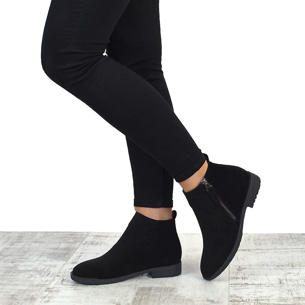 NICOLA LOW BLOCK HEEL ZIP UP DETAIL FLAT ANKLE BOOTS IN BLACK FAUX SUEDE sold by XYlondon product image thumbnail 2