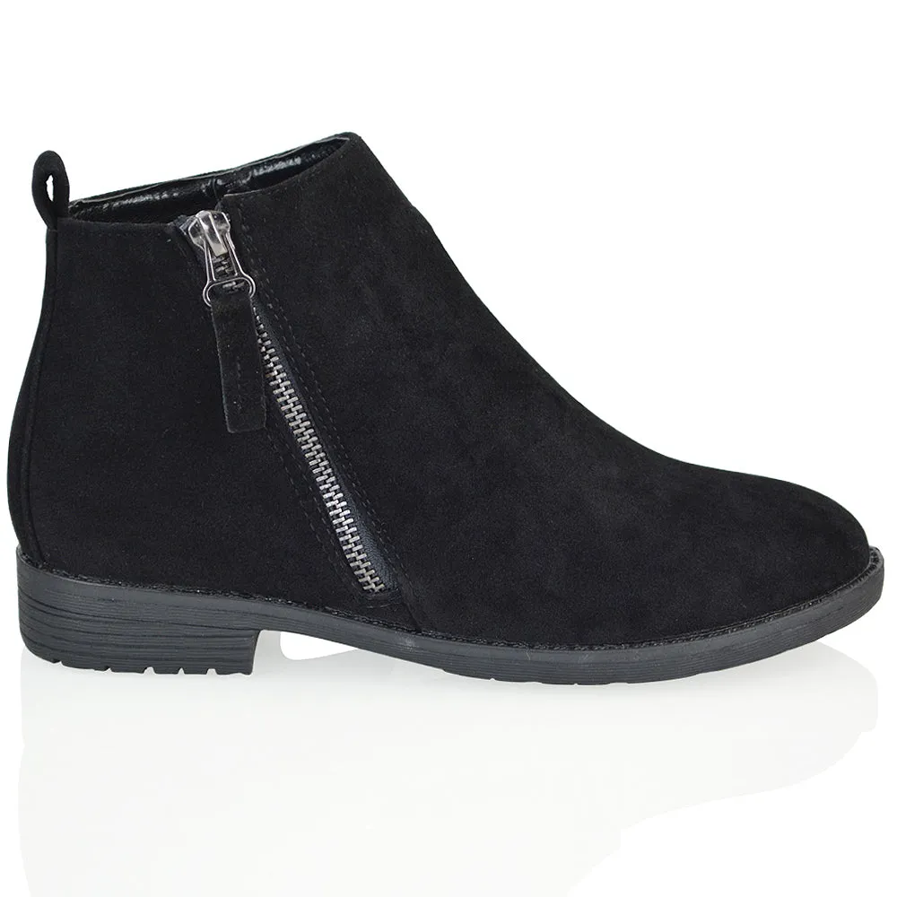 NICOLA LOW BLOCK HEEL ZIP UP DETAIL FLAT ANKLE BOOTS IN BLACK FAUX SUEDE sold by XYlondon product image thumbnail 4