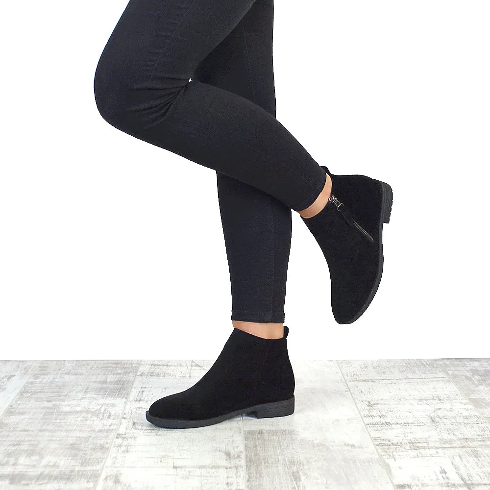 NICOLA LOW BLOCK HEEL ZIP UP DETAIL FLAT ANKLE BOOTS IN BLACK FAUX SUEDE sold by XYlondon product image thumbnail 5