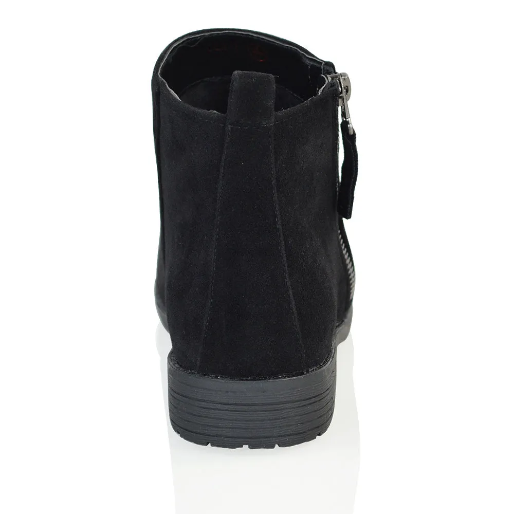 NICOLA LOW BLOCK HEEL ZIP UP DETAIL FLAT ANKLE BOOTS IN BLACK FAUX SUEDE sold by XYlondon product image thumbnail 3