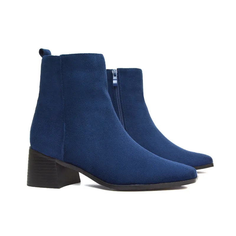 Cece Low Block Heel Square Toe Chelsea Ankle Boots in Navy Faux Suede sold by XYlondon