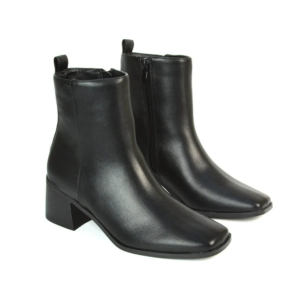 Cece Low Block Heel Square Toe Chelsea Ankle Boots in Black Synthetic Leather sold by XYlondon