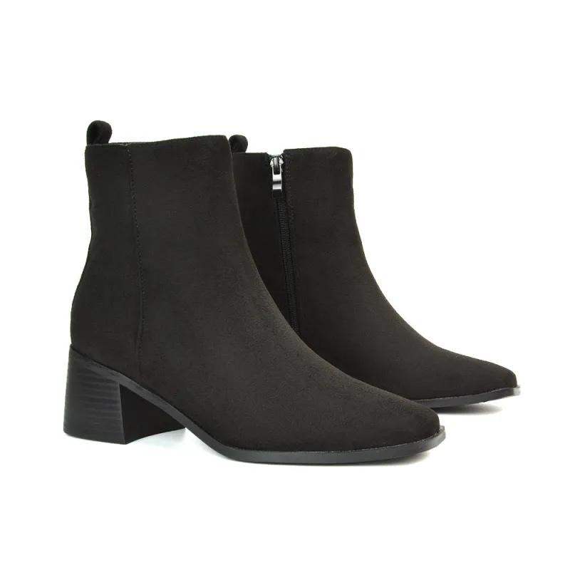 Cece Low Block Heel Square Toe Chelsea Ankle Boots in Black Faux Suede sold by XYlondon
