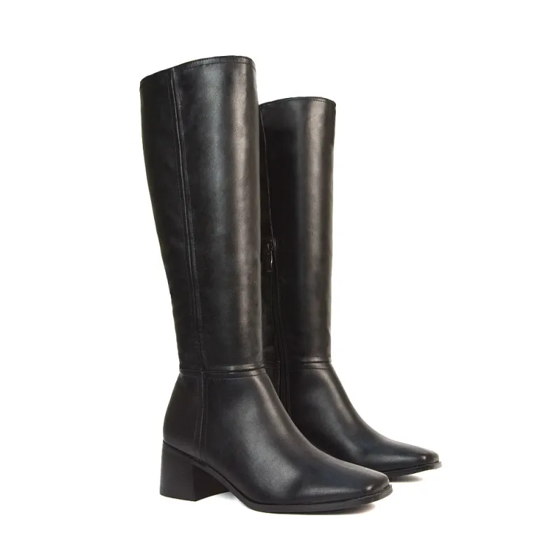 Ari Square Toe Knee High Low Block Heeled Winter Boots in Black Synthetic Leather sold by XYlondon