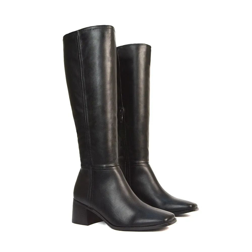 Ari Square Toe Knee High Low Block Heeled Winter Boots in Black Synthetic Leather sold by XYlondon