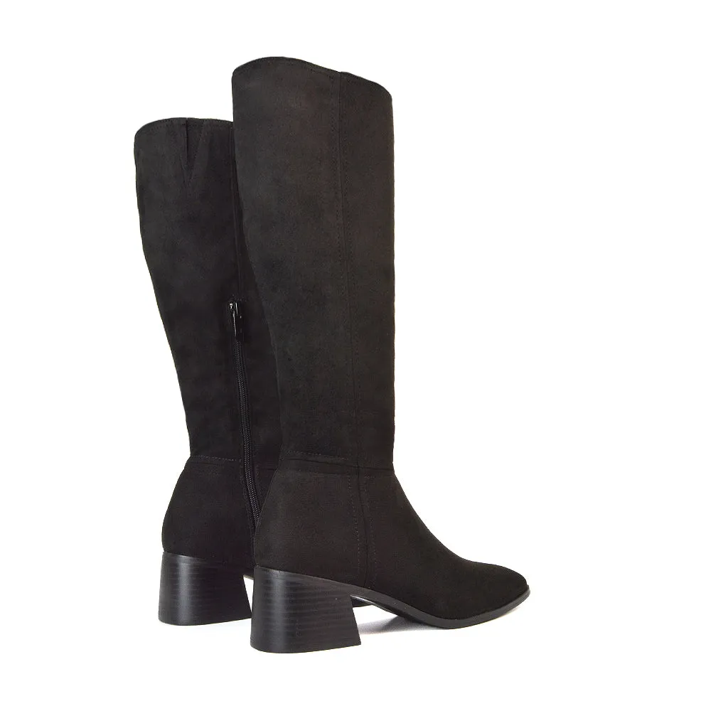 Ari Square Toe Knee High Low Block Heeled Winter Boots in Black Faux Suede sold by XYlondon product image thumbnail 3