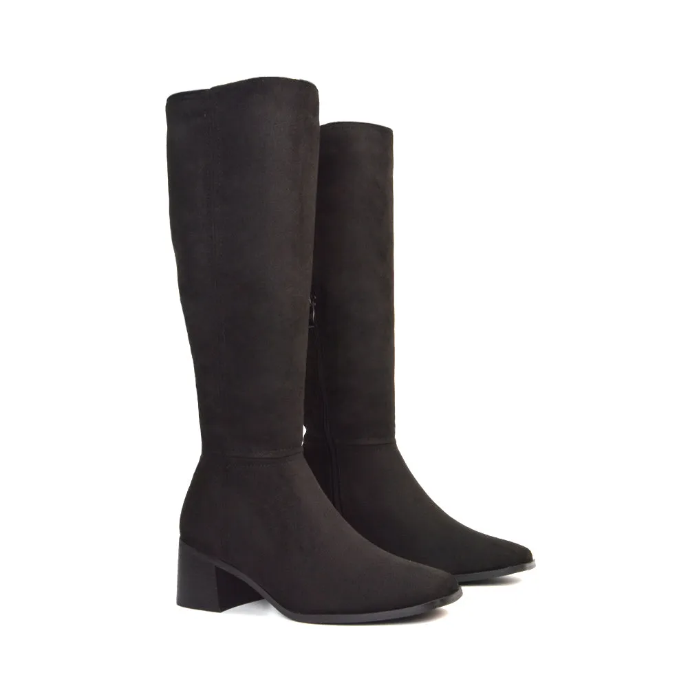 Ari Square Toe Knee High Low Block Heeled Winter Boots in Black Faux Suede sold by XYlondon product image thumbnail 4