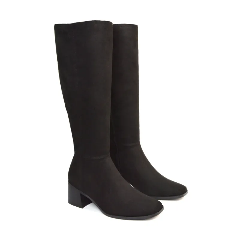 Ari Square Toe Knee High Low Block Heeled Winter Boots in Black Faux Suede sold by XYlondon