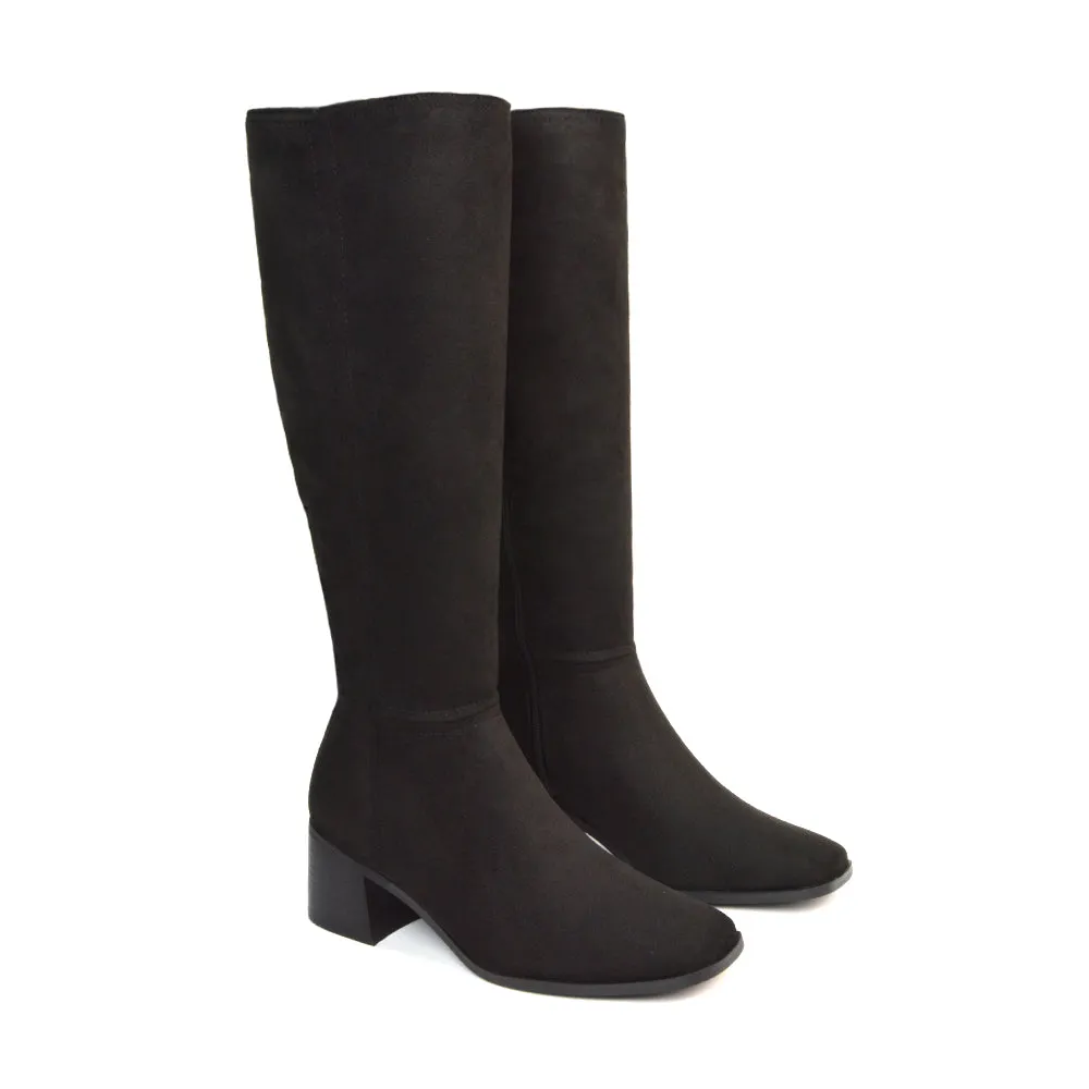 Ari Square Toe Knee High Low Block Heeled Winter Boots in Black Faux Suede sold by XYlondon