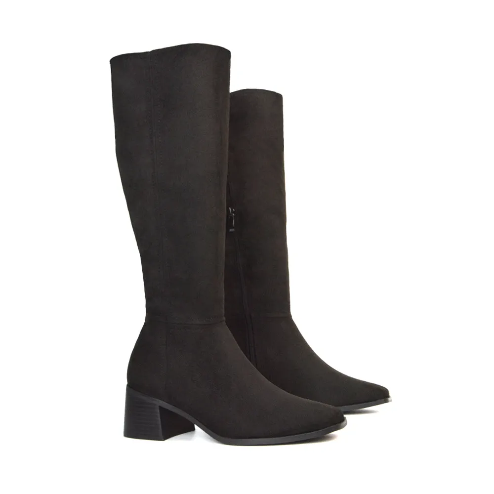 Ari Square Toe Knee High Low Block Heeled Winter Boots in Black Faux Suede sold by XYlondon product image thumbnail 2