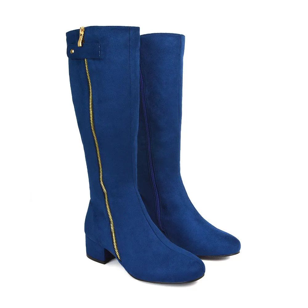 Darcy Low Block Heel Zip Up Knee High Long Boots in Navy Faux Suede sold by XYlondon
