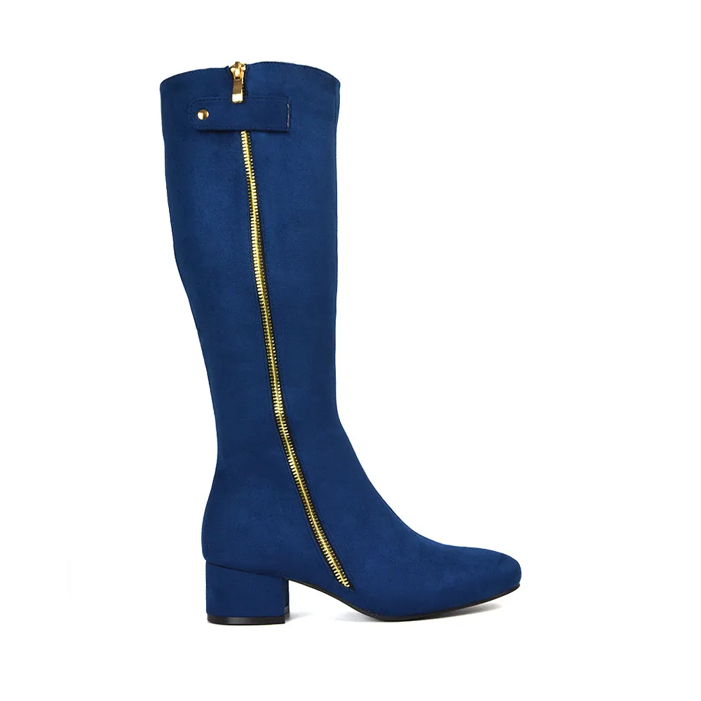 Darcy Low Block Heel Zip Up Knee High Long Boots in Navy Faux Suede sold by XYlondon product image thumbnail 5