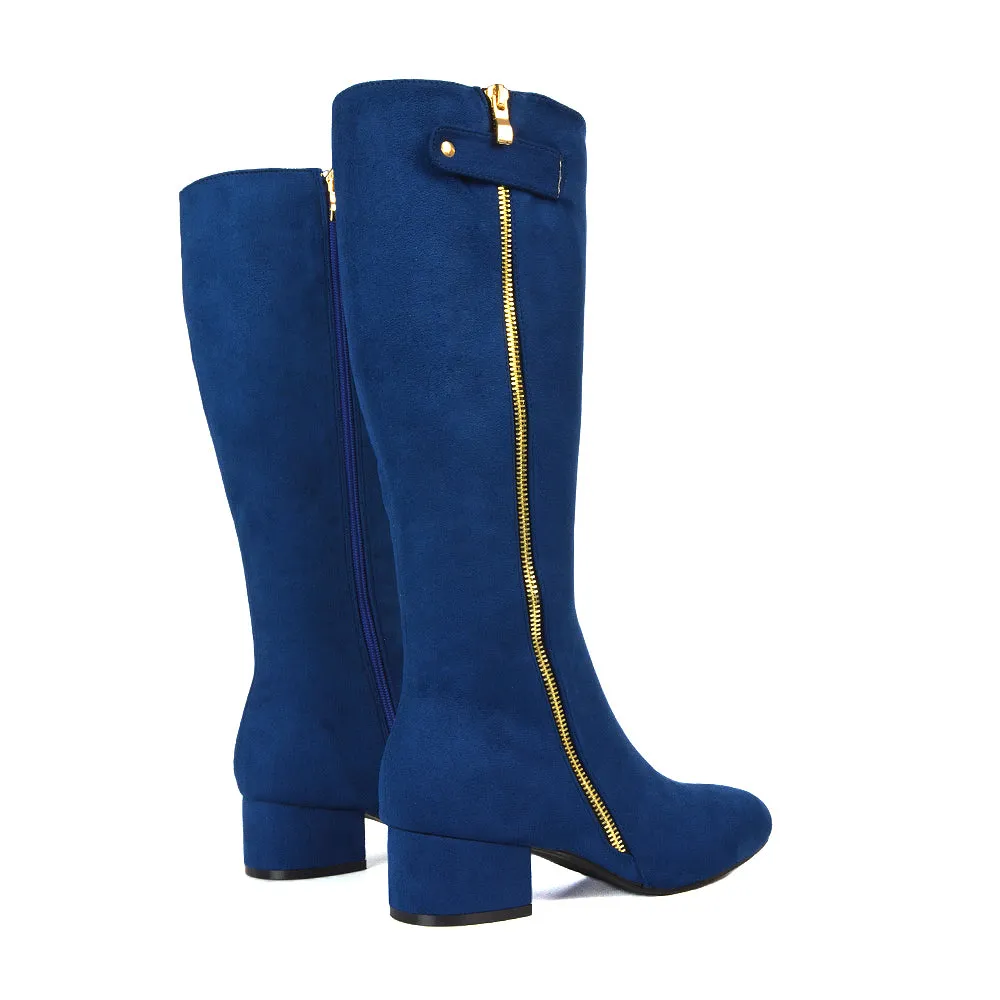 Darcy Low Block Heel Zip Up Knee High Long Boots in Navy Faux Suede sold by XYlondon product image thumbnail 3