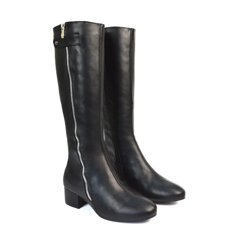 Darcy Low Block Heel Zip Up Knee High Long Boots in Black Synthetic Leather sold by XYlondon