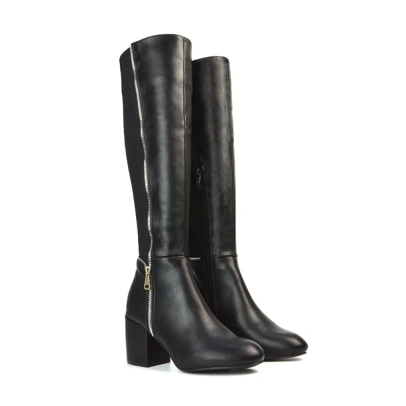 Ronald Heeled Boots Silver Zip Up Knee High With Mid Block Heel In Black sold by XYlondon