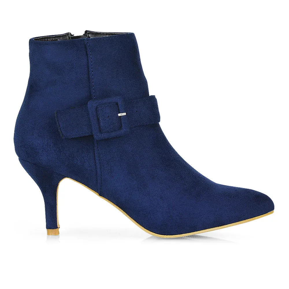 Lara Buckle Detail Pointed Toe Low Stiletto High Heel Ankle Boots In Navy sold by XYlondon product image thumbnail 2