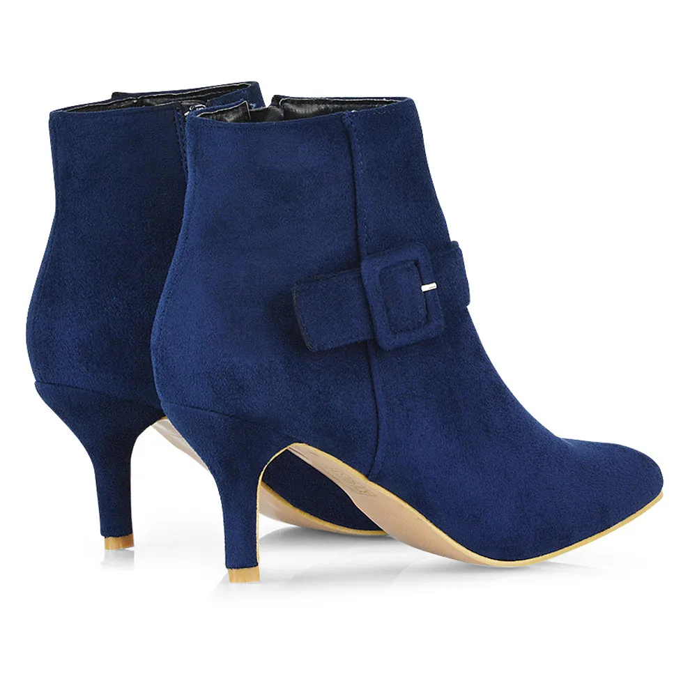 Lara Buckle Detail Pointed Toe Low Stiletto High Heel Ankle Boots In Navy sold by XYlondon product image thumbnail 4