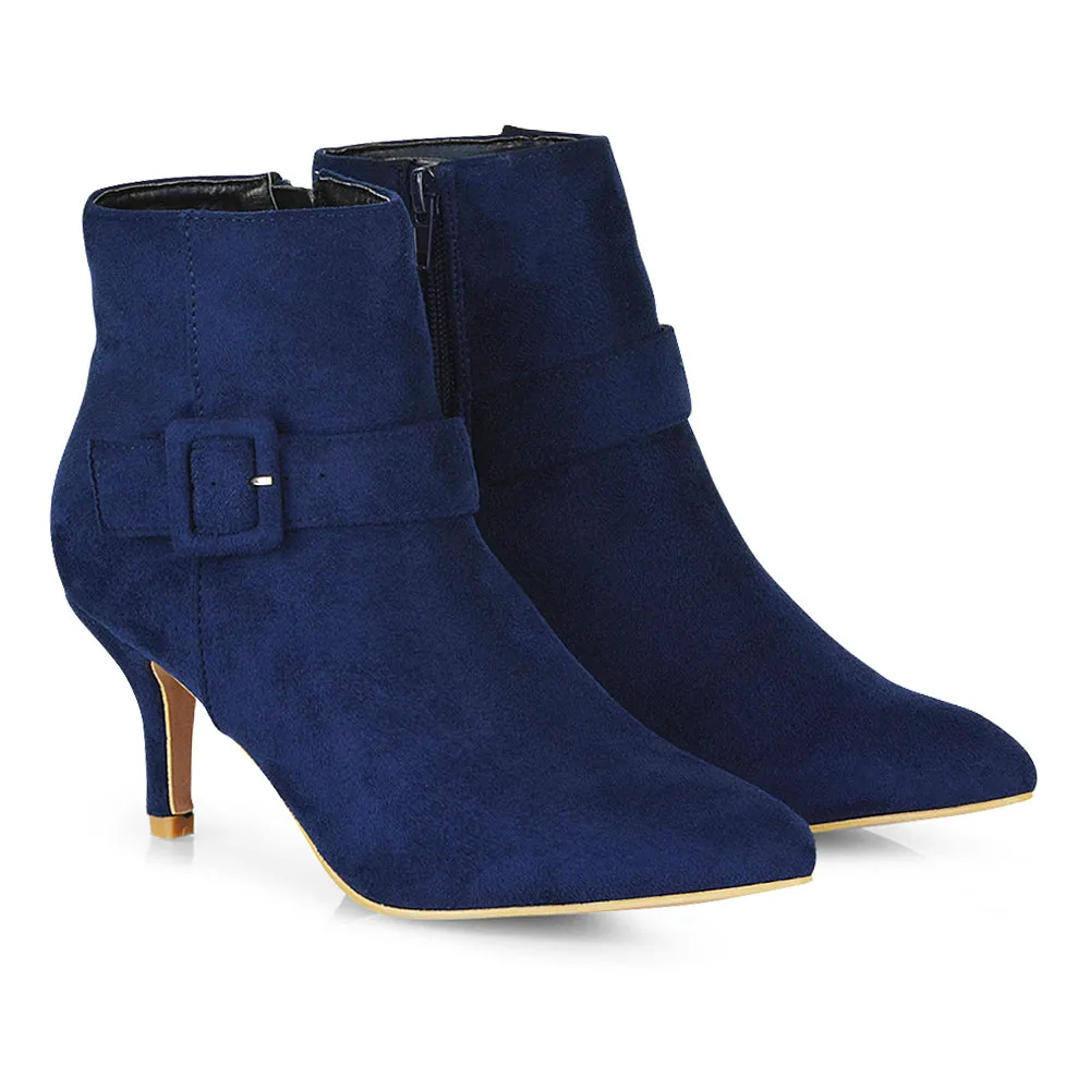 Lara Buckle Detail Pointed Toe Low Stiletto High Heel Ankle Boots In Navy sold by XYlondon product image thumbnail 3