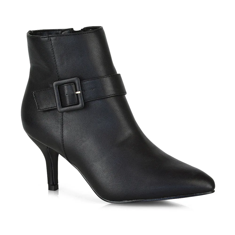 Lara Buckle Detail Pointed Toe Low Stiletto High Heel Ankle Boots In Black PU sold by XYlondon