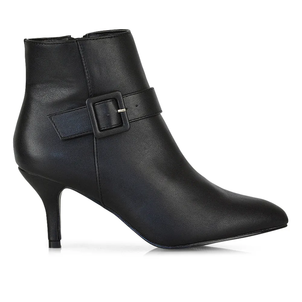 Lara Buckle Detail Pointed Toe Low Stiletto High Heel Ankle Boots In Black PU sold by XYlondon product image thumbnail 2