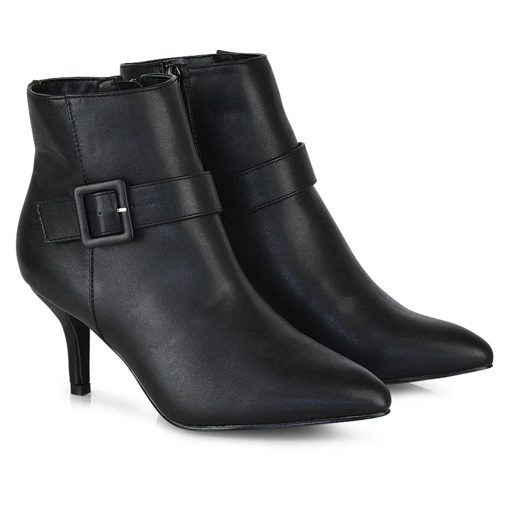 Lara Buckle Detail Pointed Toe Low Stiletto High Heel Ankle Boots In Black PU sold by XYlondon product image thumbnail 3