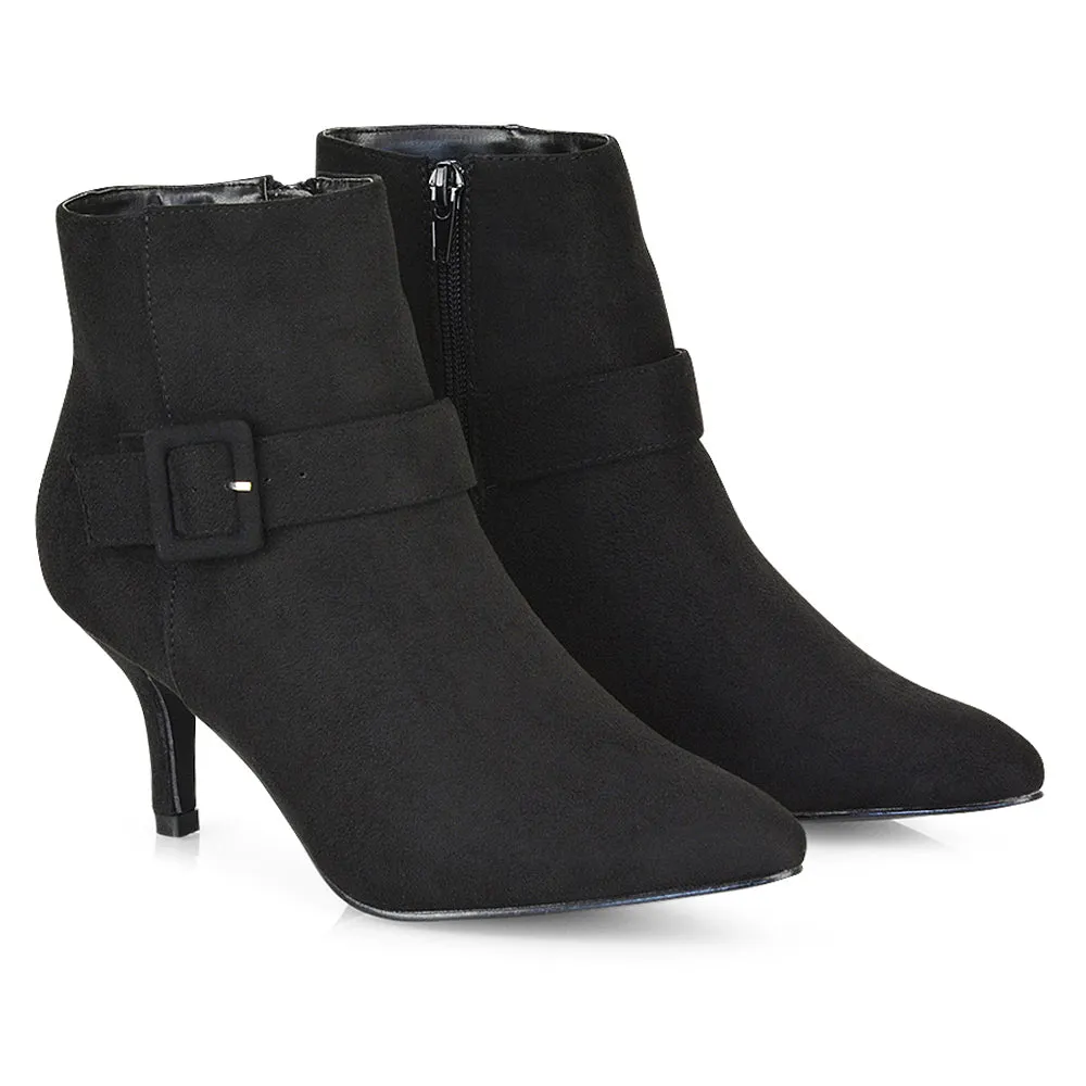 Lara Buckle Detail Pointed Toe Low Stiletto High Heel Ankle Boots In Black Faux Suede sold by XYlondon product image thumbnail 3