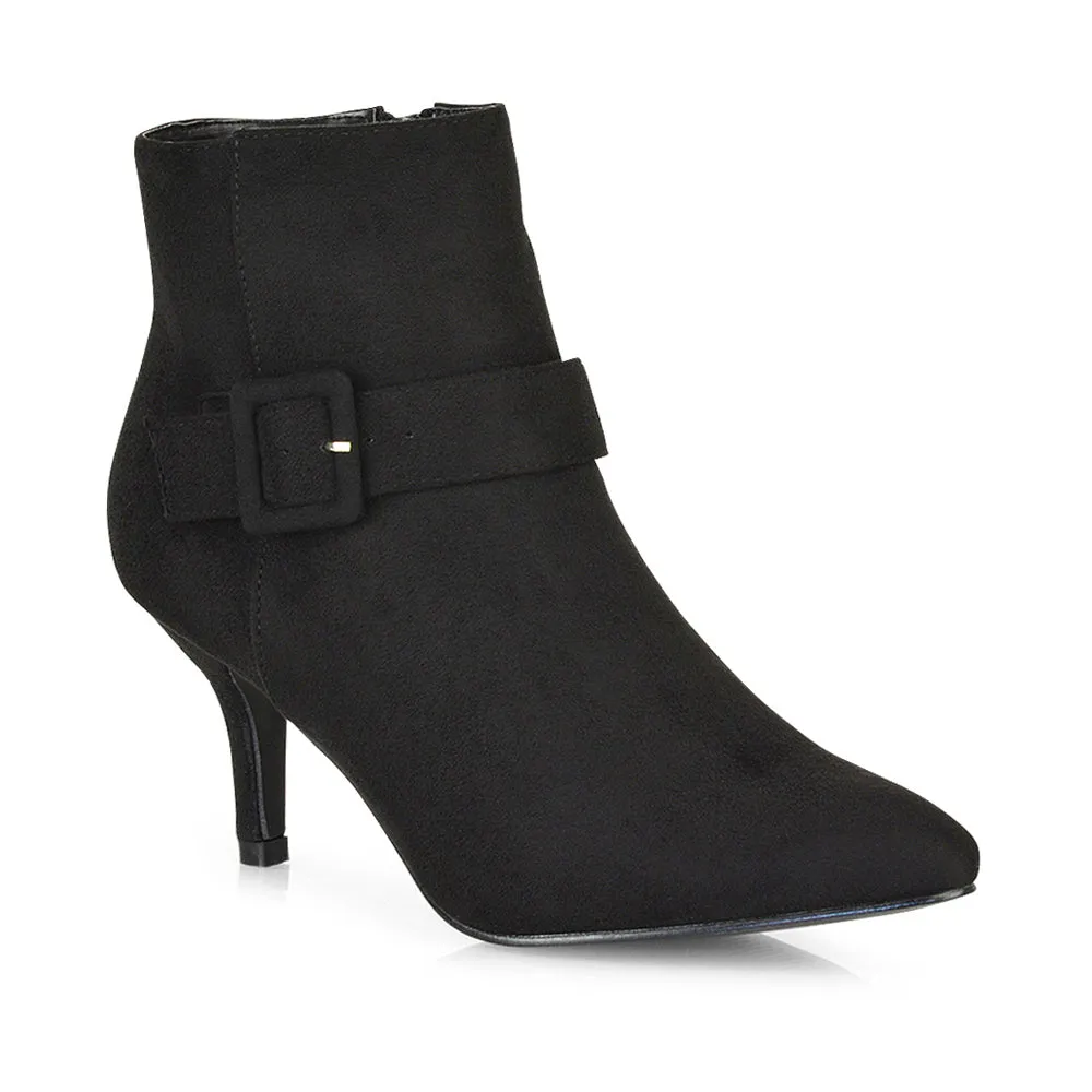 Lara Buckle Detail Pointed Toe Low Stiletto High Heel Ankle Boots In Black Faux Suede sold by XYlondon