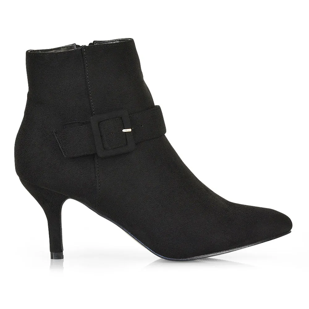Lara Buckle Detail Pointed Toe Low Stiletto High Heel Ankle Boots In Black Faux Suede sold by XYlondon product image thumbnail 2