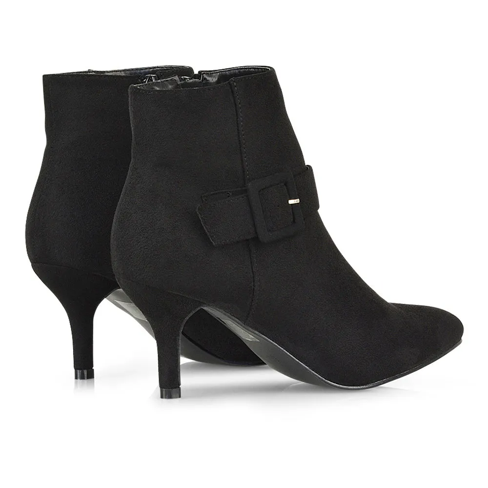 Lara Buckle Detail Pointed Toe Low Stiletto High Heel Ankle Boots In Black Faux Suede sold by XYlondon product image thumbnail 4