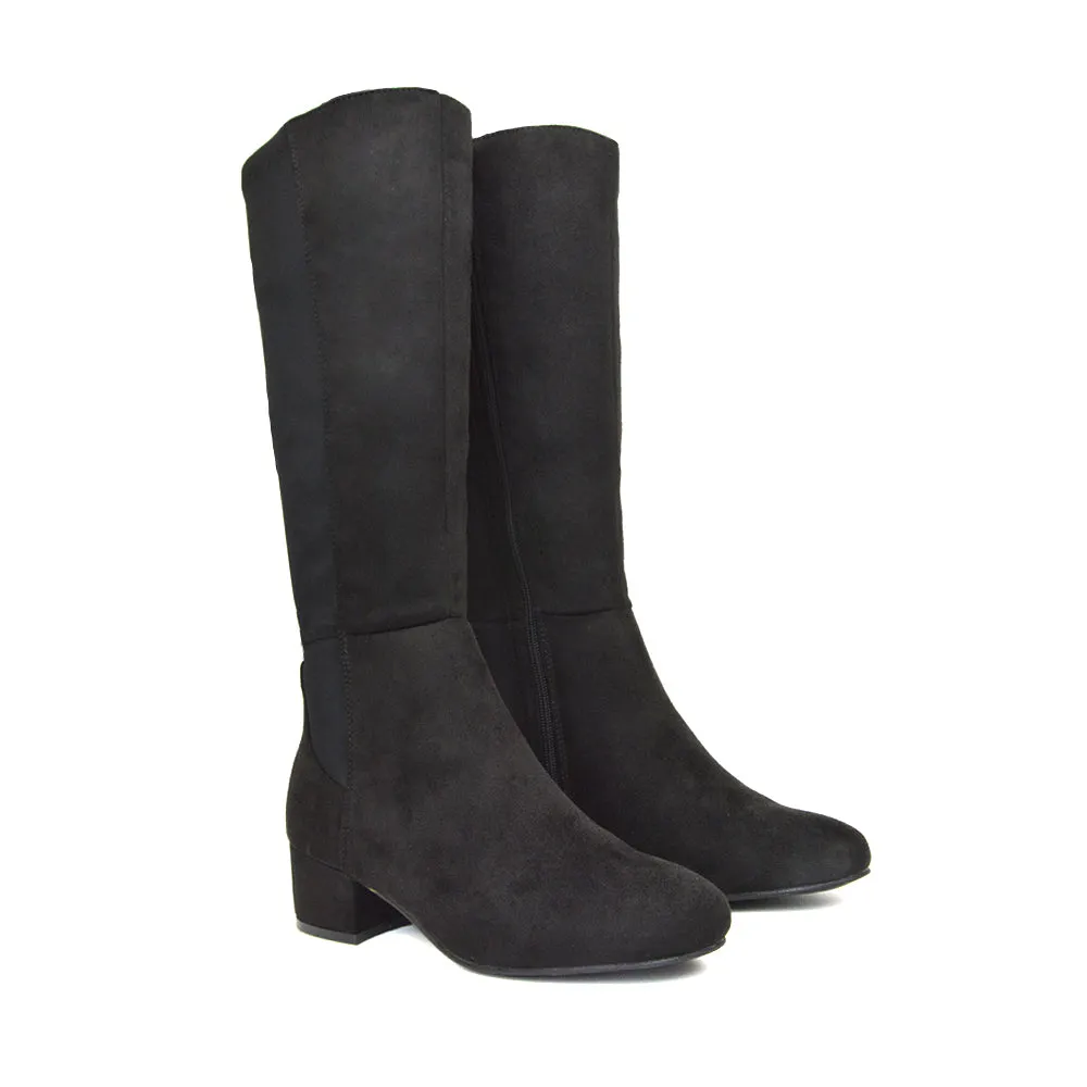Hannah Low Block Heel Elasticated Calf Long Boots in Black Faux Suede sold by XYlondon product image thumbnail 3