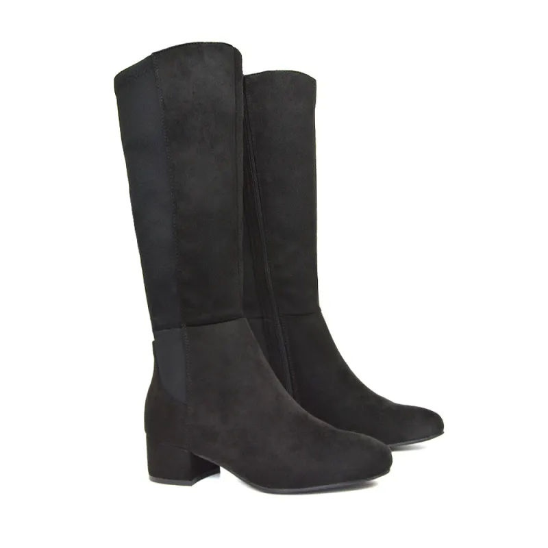 Hannah Low Block Heel Elasticated Calf Long Boots in Black Faux Suede sold by XYlondon