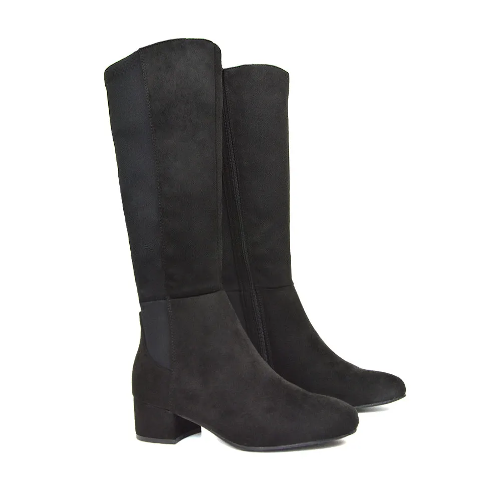 Hannah Low Block Heel Elasticated Calf Long Boots in Black Faux Suede sold by XYlondon