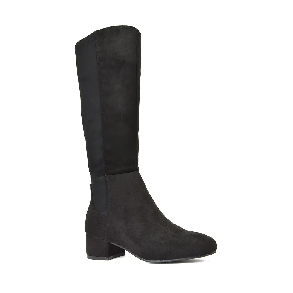 Hannah Low Block Heel Elasticated Calf Long Boots in Black Faux Suede sold by XYlondon product image thumbnail 5