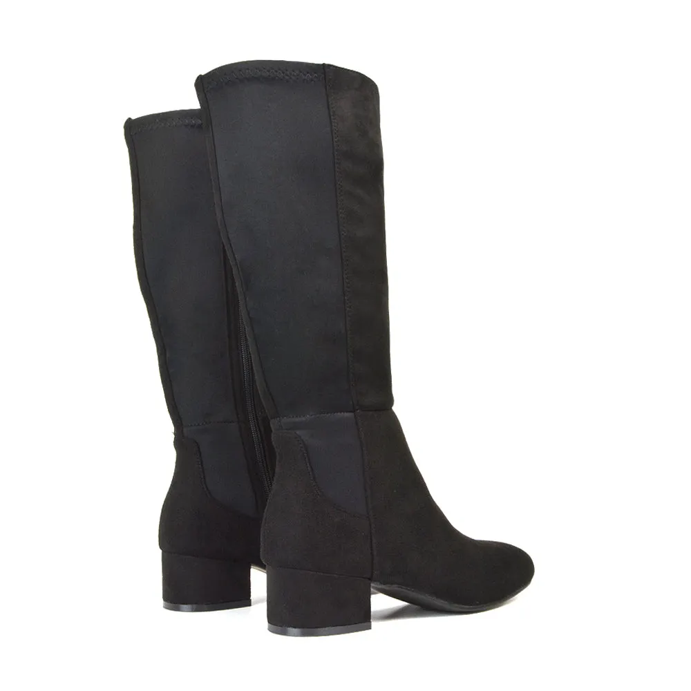 Hannah Low Block Heel Elasticated Calf Long Boots in Black Faux Suede sold by XYlondon product image thumbnail 2