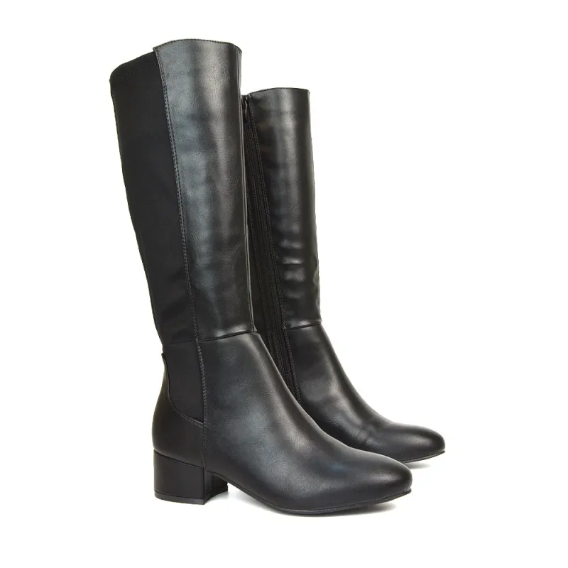Hannah Low Block Heel Elasticated Calf Long Boots in Black Synthetic Leather sold by XYlondon