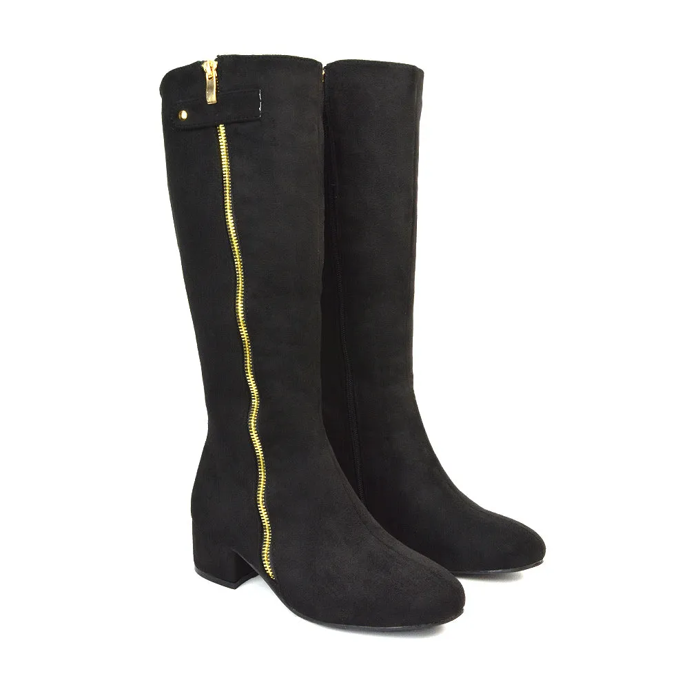Darcy Low Block Heel Zip Up Knee High Long Boots in Black Faux Suede sold by XYlondon product image thumbnail 4