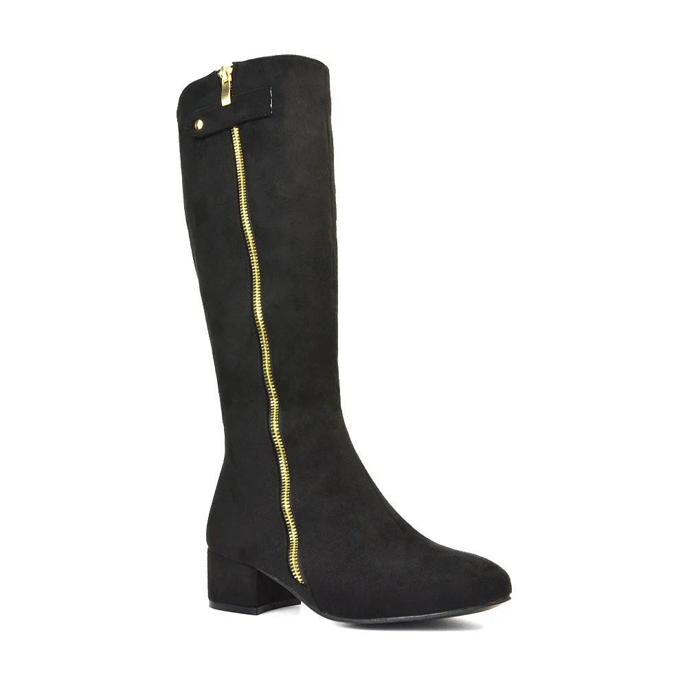 Darcy Low Block Heel Zip Up Knee High Long Boots in Black Faux Suede sold by XYlondon product image thumbnail 5