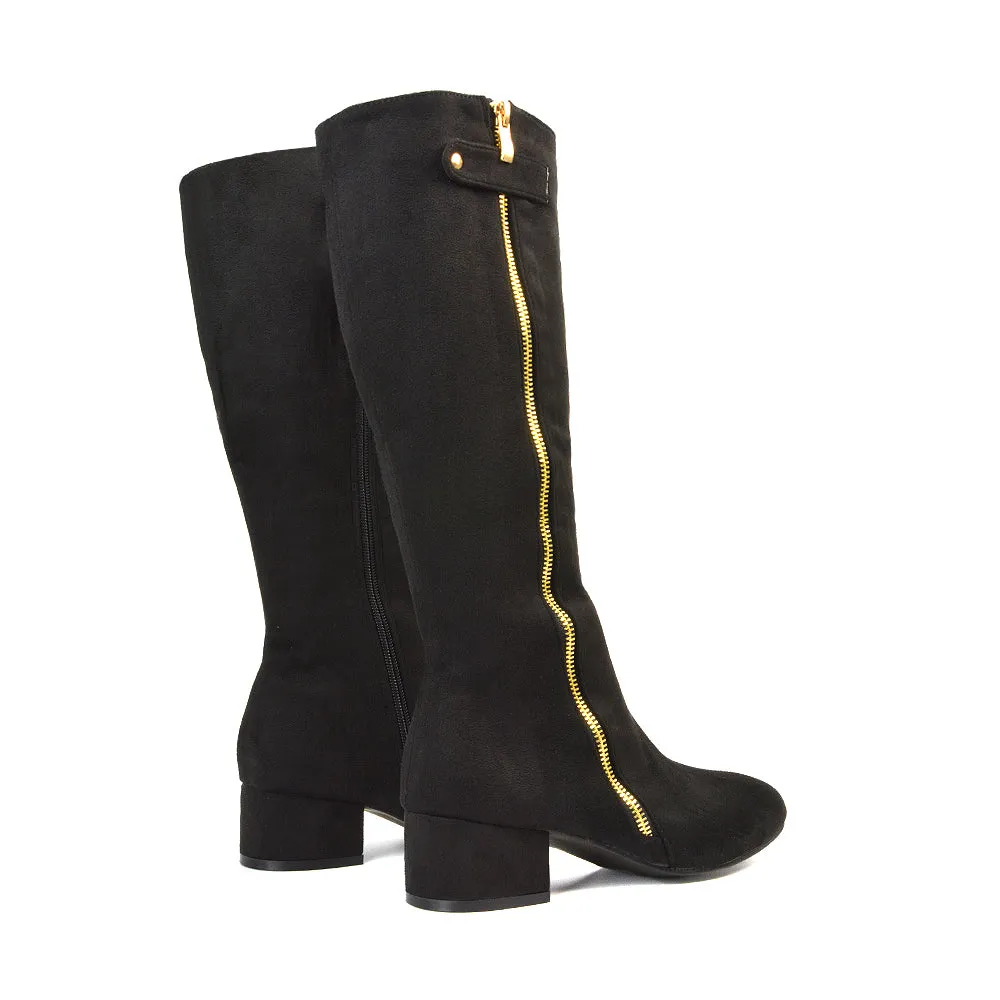 Darcy Low Block Heel Zip Up Knee High Long Boots in Black Faux Suede sold by XYlondon product image thumbnail 2