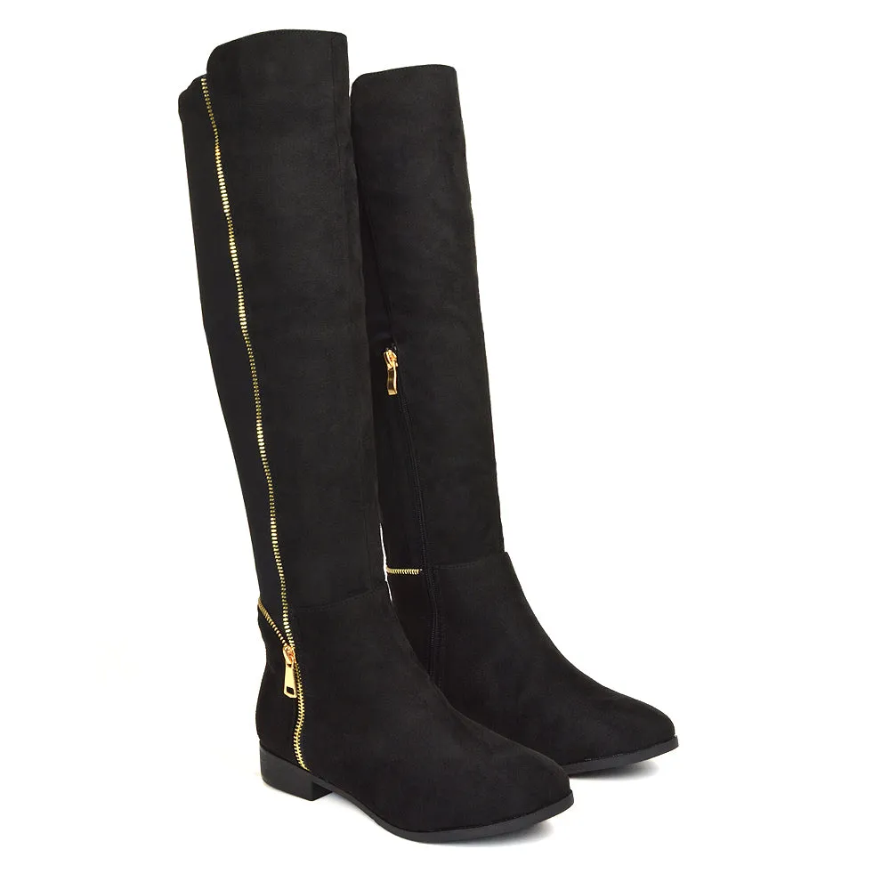 Sutton Zip Up Stretchy Calf Flat Heel Knee High Boots in Black Faux Suede sold by XYlondon product image thumbnail 4