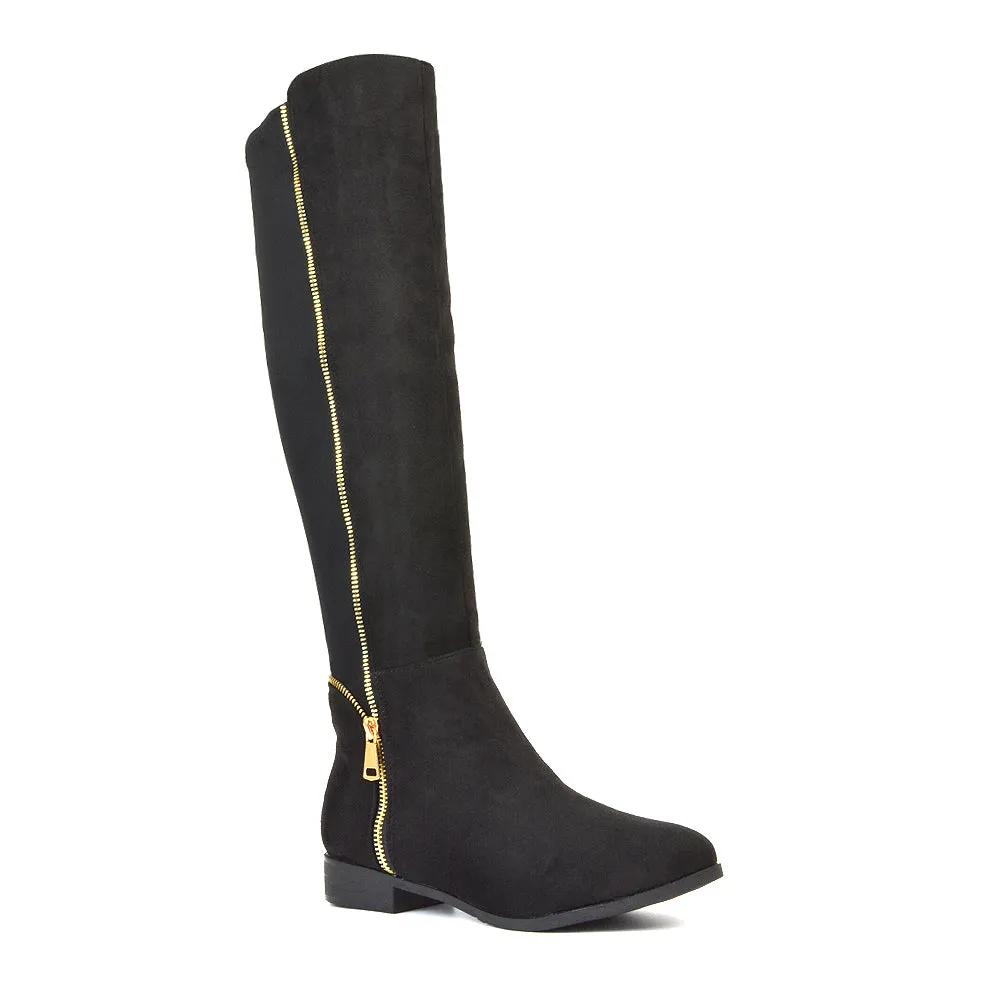 Sutton Zip Up Stretchy Calf Flat Heel Knee High Boots in Black Faux Suede sold by XYlondon product image thumbnail 3